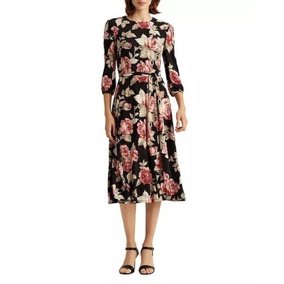 Lauren Ralf Lauren Rose-Print Balloon-Sleeve midi  Dress Sz M - Picture 1 of 6